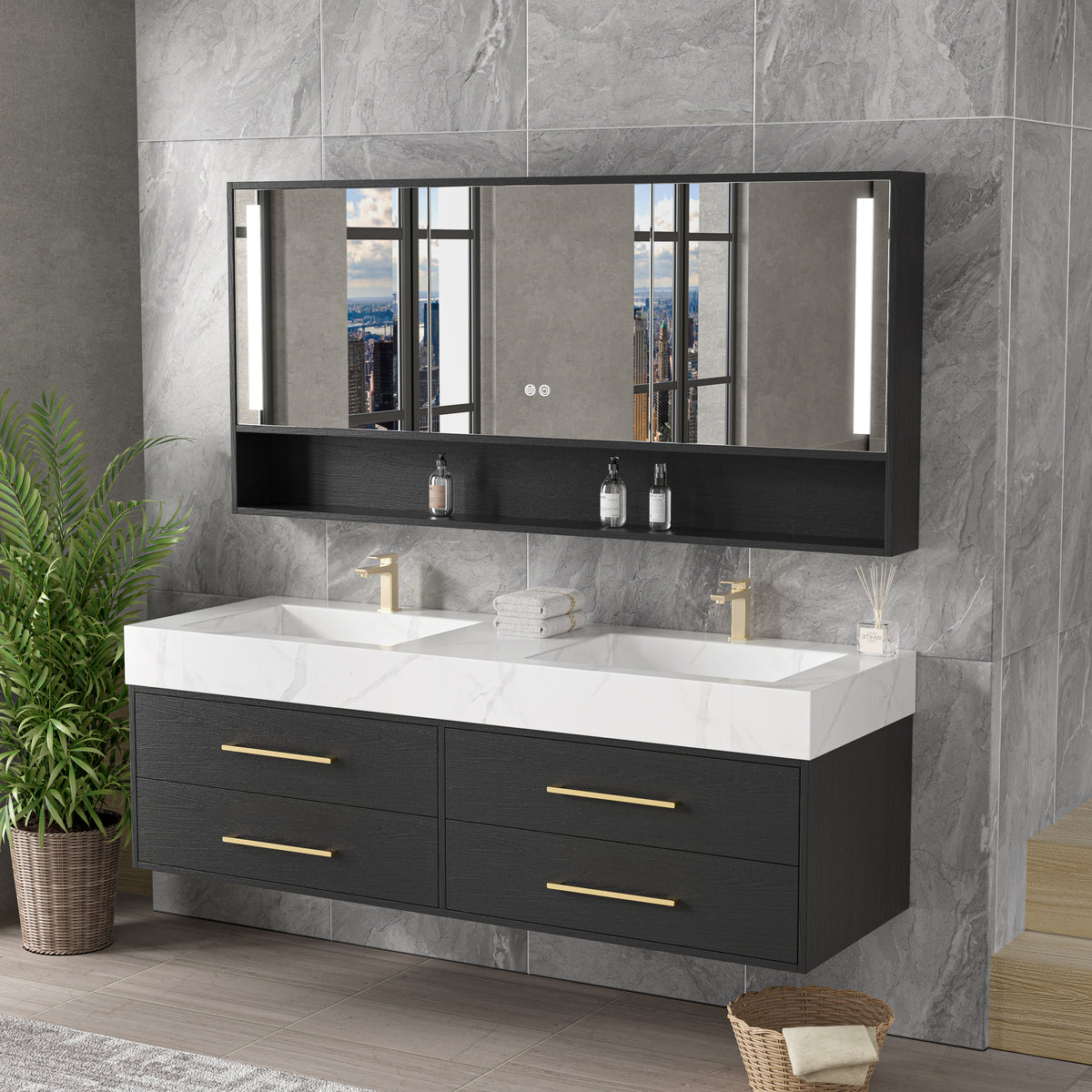 Vanité 60’’ double, miroir LED, 2 robinets et lingerie