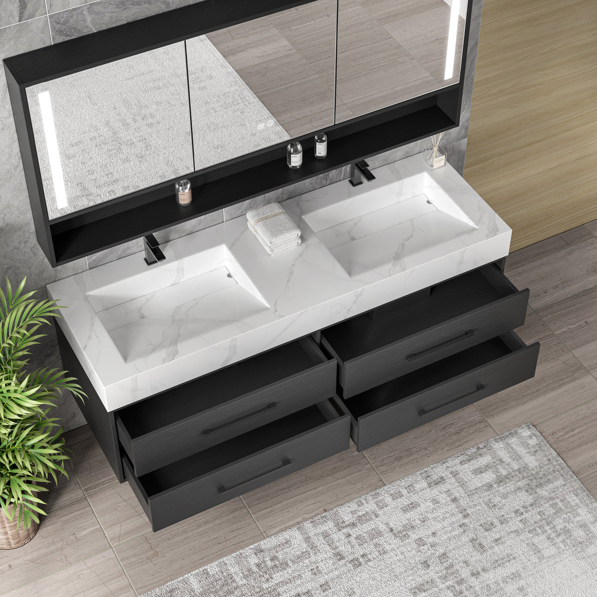 Vanité 60’’ double, miroir LED, 2 robinets et lingerie