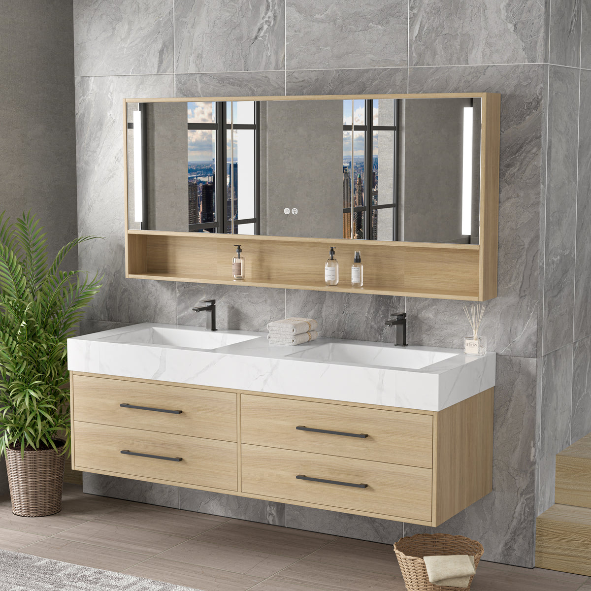 Vanité 60’’ double, miroir LED, 2 robinets et lingerie