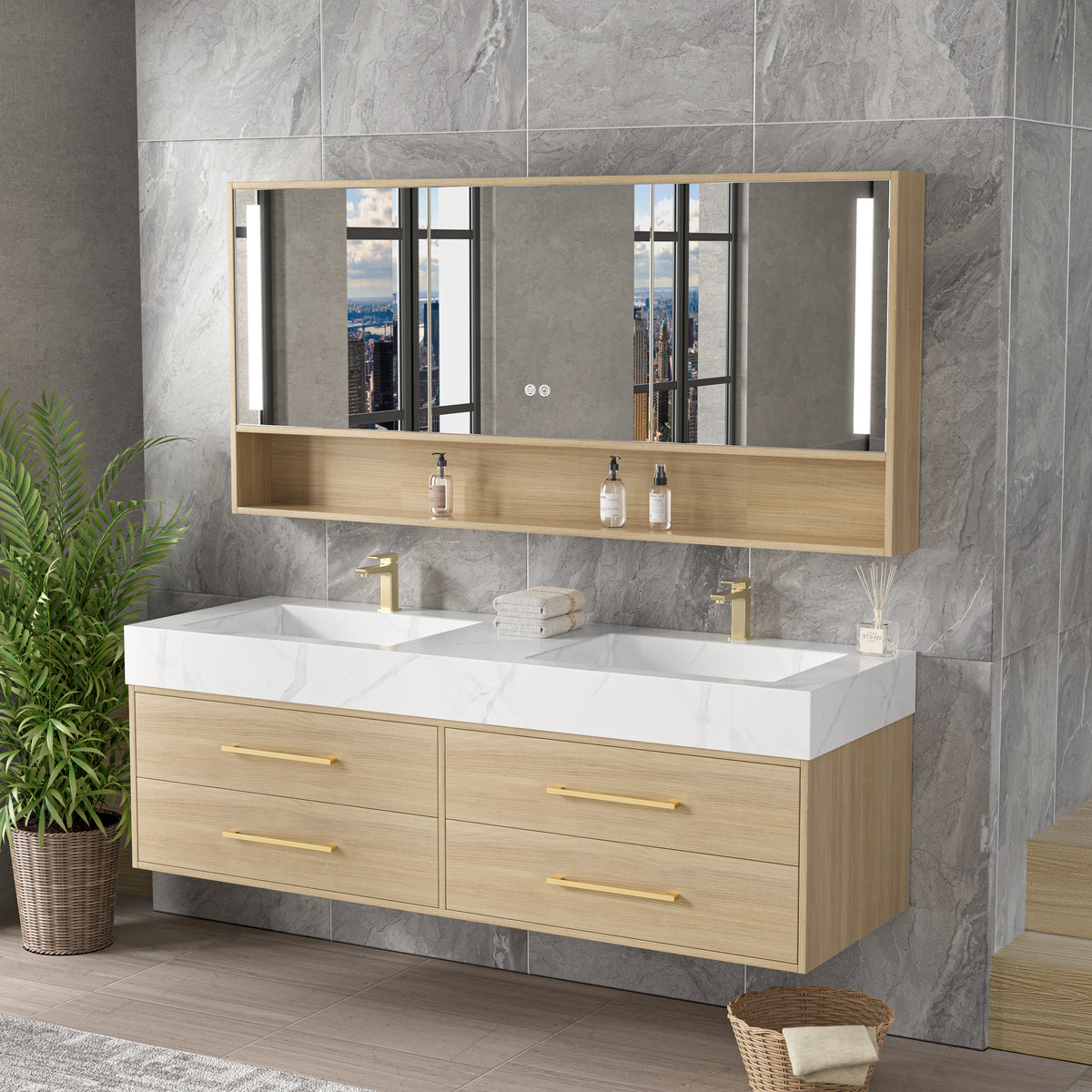Vanité 60’’ double, miroir LED, 2 robinets et lingerie