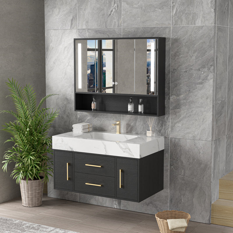 Vanité salle de bain 36’’ complète – miroir pharmacie LED+ robinet+ lingerie