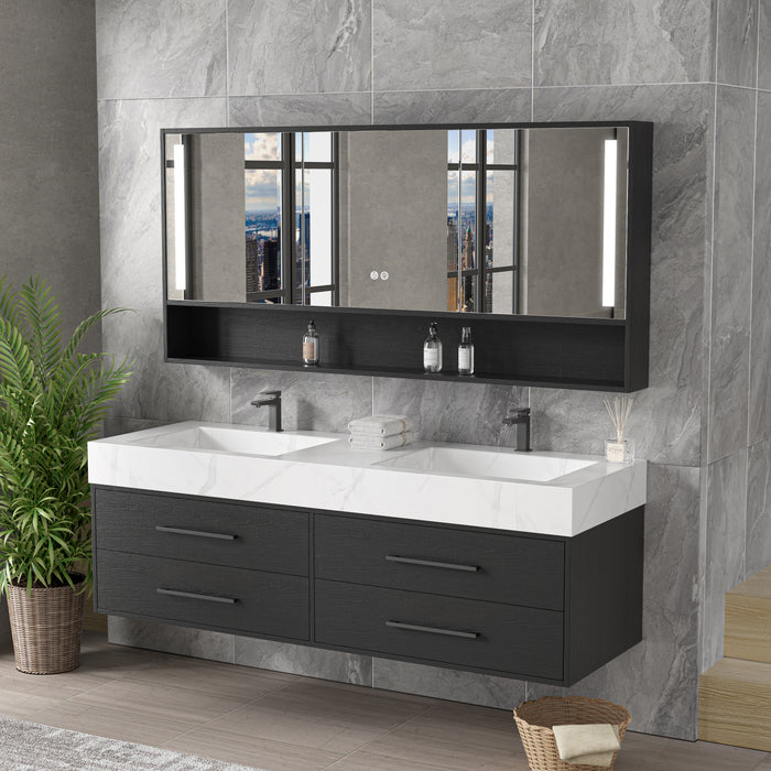 Vanité 60’’ double, miroir LED, 2 robinets et lingerie