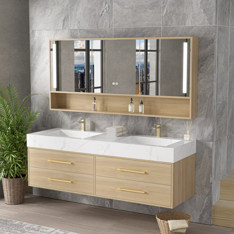 Vanité 60’’ double, miroir LED, 2 robinets et lingerie